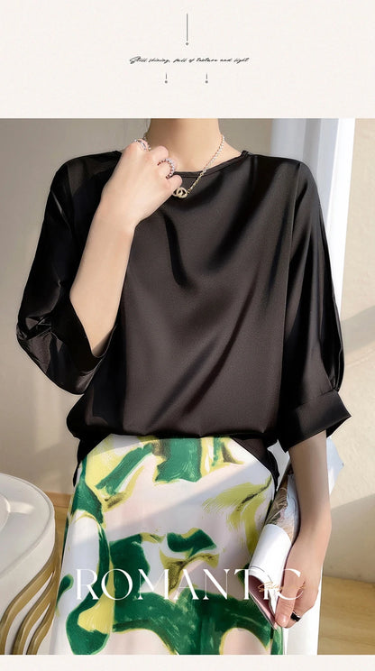 2025 New In Summer Satin Silk Half-Sleeve Tee Tops Basic Solid Women‘s T-Shirt Casual O-neck Thin Shirts Ladies Loose Blouses
