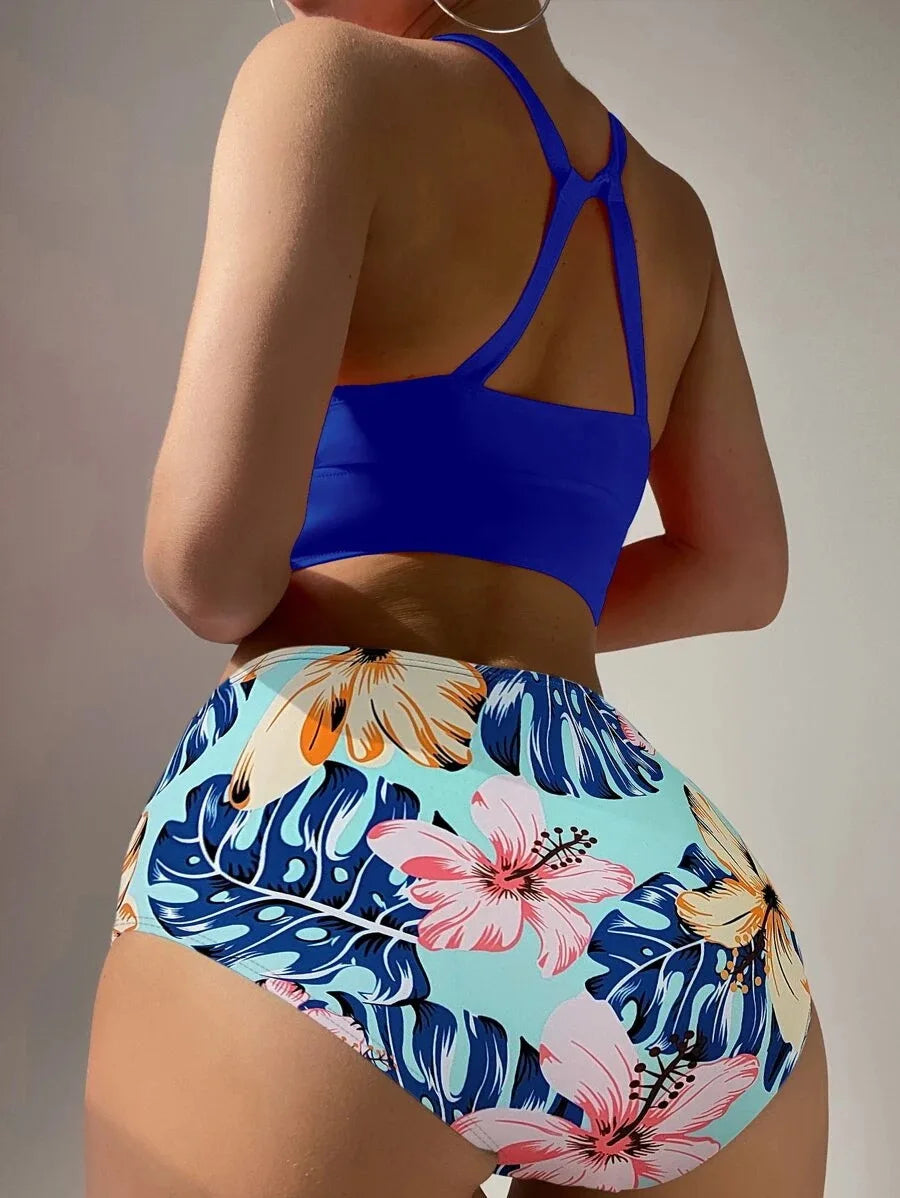 2025 High Waist Bikinis Women High Neck Swimsuit Floral Swimwear Female Bathers Bathing Swimming Suit Summer Beachwear