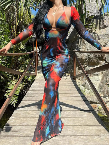 3 Pieces Triangle Halter Bikinis & Long Sleeve Beach Dress Swimsuit Women Swimwear Female Bathers Bathing Swimming Swim Suit XXL