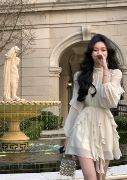 Beach Style Chiffon Y2k Mini Dress Office Lady Casual Long Sleeve Elegant One Piece Dress Korean Fashion Clothing Summer 2023