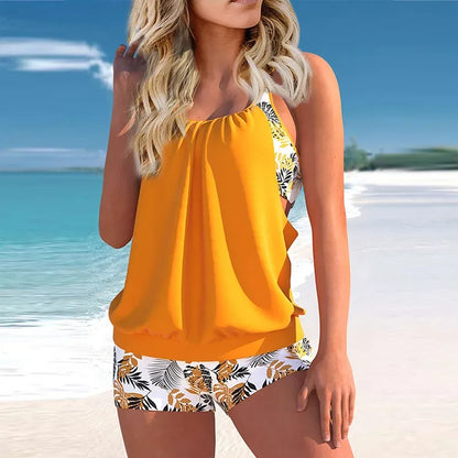 Women's Sexy Slim fit printed suspenders slit boxer shorts bikini plus size swimsuit two piece comfortable pretty swimwear swims