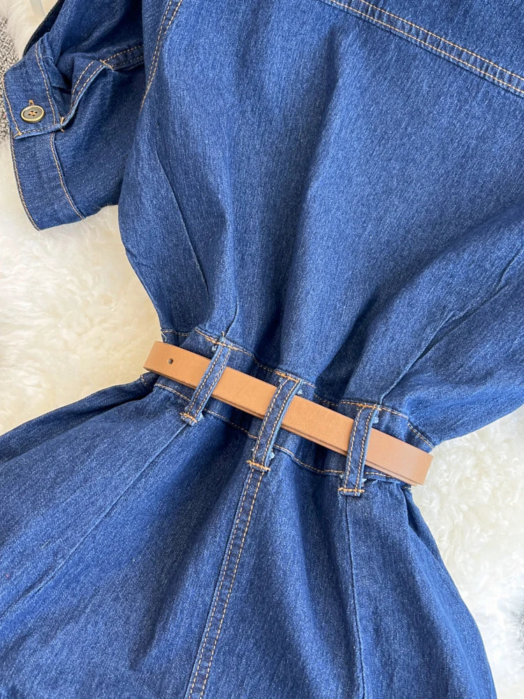 XFPV Women's Sweet Short Denim Dress For Women  Belt Slim Short Sleeved Vestidos Korean Fashion Spring Summer 2025 SM11153