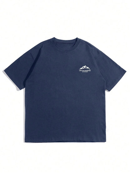 Summer men's 100% pure cotton casual loose plus size Letter And Mountain pattern printed round neck short sleeved T-shirt top