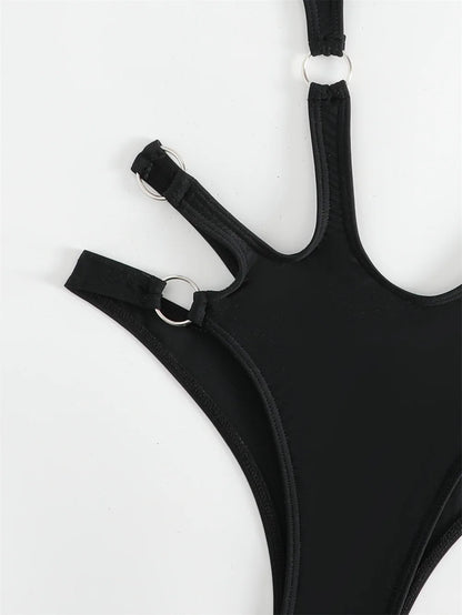 Black Punk Bikini Rings Sexy Bandage Luxury Swimsuit Cut Out Micro Bikinis Extrem Push Up Monokini Women Goth Swimwear Beach Set