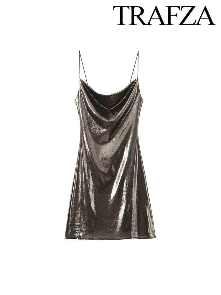 TRAF Women's Metallic Colour Glitter Dress Sexy Backless Sleeveless Spaghetti Strap Dresses Party Bar Sleeveless Short Dresses
