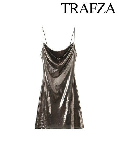 TRAF Women's Metallic Colour Glitter Dress Sexy Backless Sleeveless Spaghetti Strap Dresses Party Bar Sleeveless Short Dresses