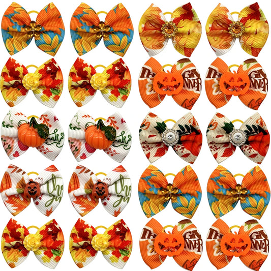 50/100pcs Thanksgiving Autumn Dog Hair Bows with Diomand Dog Accessories Hoilday Bowkont with Rubber Band for Small Dog Supplies
