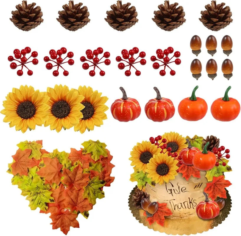 73pcs Fall cake Toppers Thanksgiving cake Decoration Autumn Artificial Pumpkins Sunflowers Maple Leaves Fall Cake Party Decor