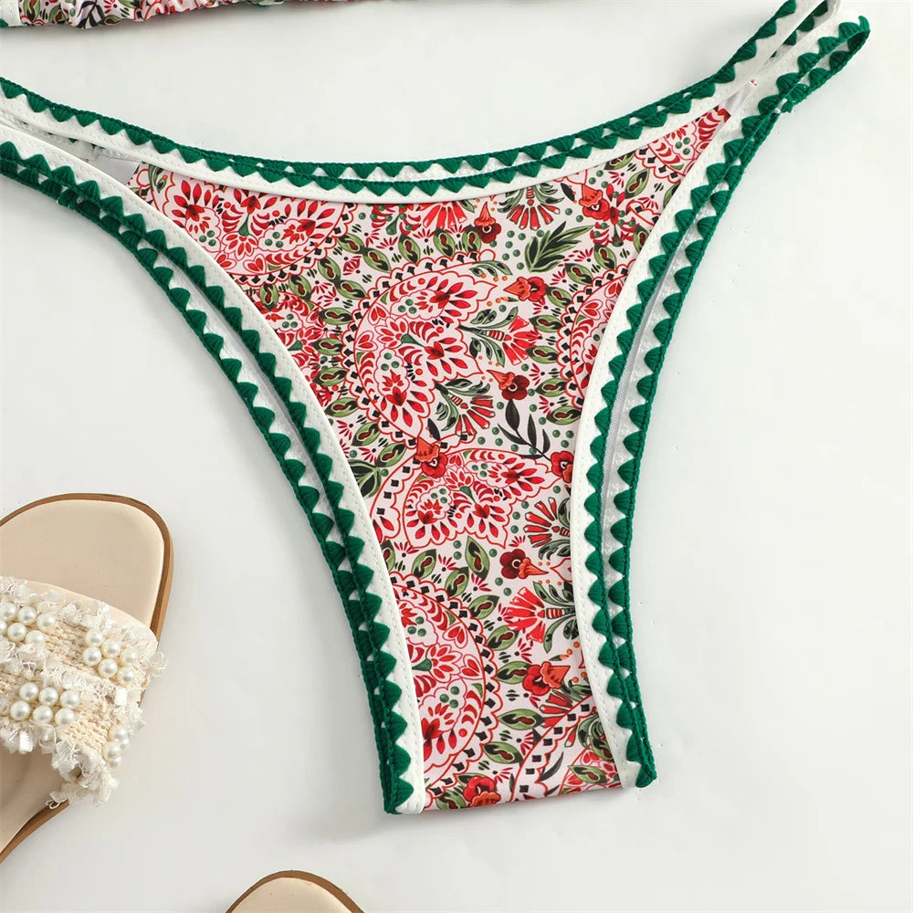 Trend Print Bikini Bordered Straps Swimsuit Thong Push Up Y2K Boho Swimwear Kawaii Women Two Piece Brazil BeachWear Bathing Suit