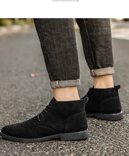 British Style Brown Men’s Suede Leather Boots Comfort Chelsea Boots Men Lace-Up Pointed Ankle Boots For Men botas para hombre