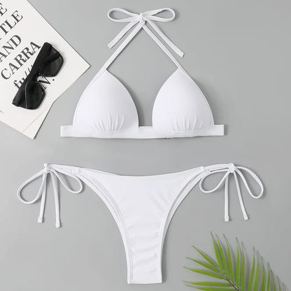 2025 Halter Bra Cup Bikini Sexy Swimsuit Female White Swimwear Women Push up Bikini set Brazilian Bathing Suit Bandeau Swim suit