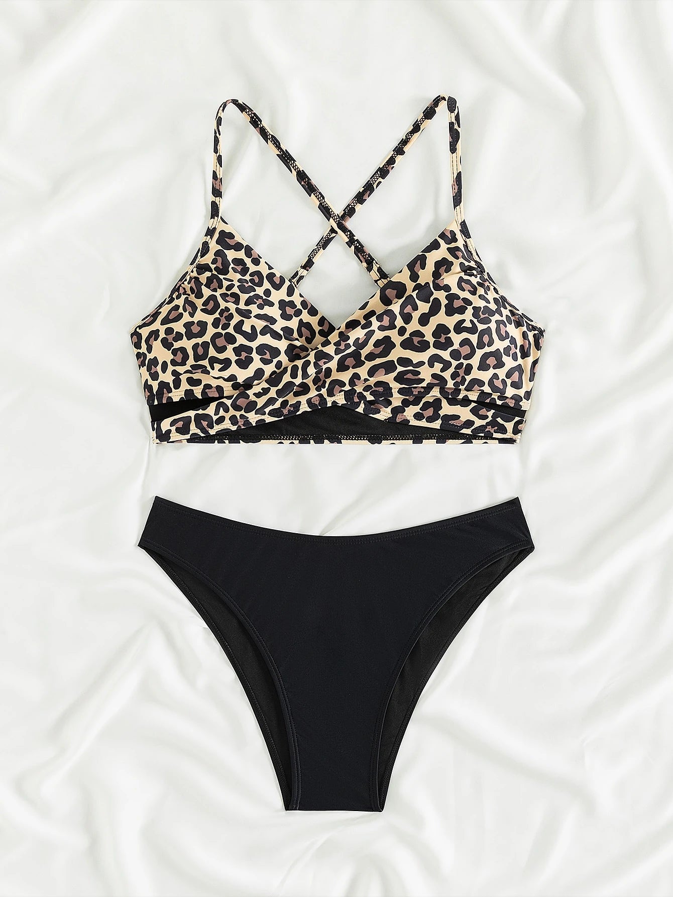 Summer Women's Leopard Patchwork Swimsuit Sexy Back Cross Lace-Up Swimwear High Waist Bikini Set Push Up Bathing Suit Beachwear