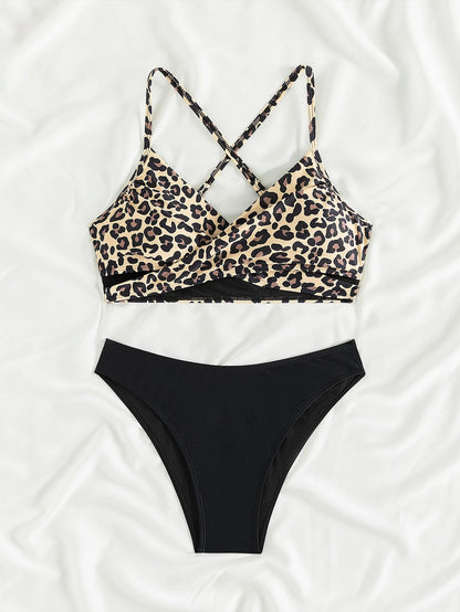 Summer Women's Leopard Patchwork Swimsuit Sexy Back Cross Lace-Up Swimwear High Waist Bikini Set Push Up Bathing Suit Beachwear