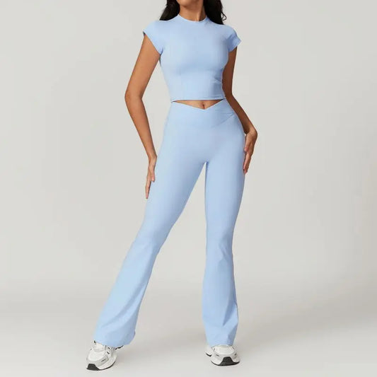Two Piece Short Sleeve Sport Yoga Set Outfit Fitness Gym Set Workout Clothes for Women Flare Leggings Sportwear Women Tracksuit