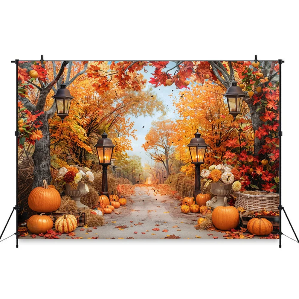 Autumn Photography Background Pumpkin Maple Leaves Street Light Backdrop Decor Family Kid Thanksgiving Day Birthday Photo Studio