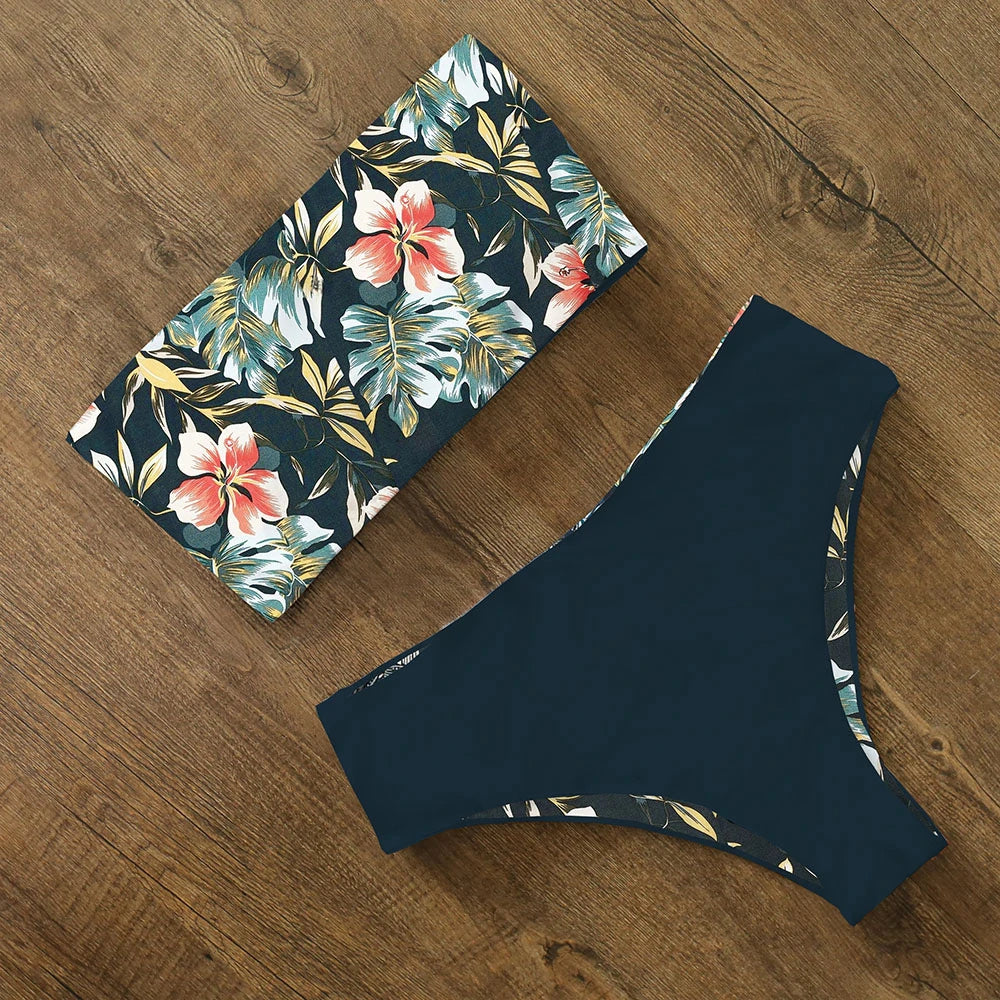 2024 New Sexy Low Hight Bikini Set Swimwear Women Bandeau Female Print Floral Strappy Swimsuit Bathing Suit Beach Wear Biquini