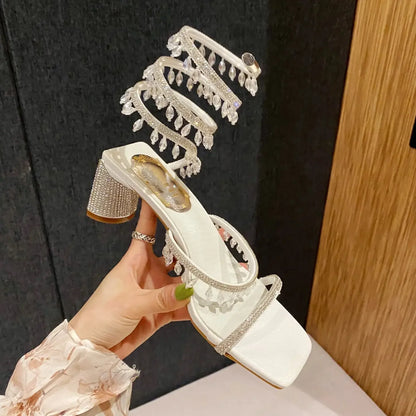 Xibeilove 2024 Summer Luxury Women Sandals Crystal Square Head Gold Rhinestone Snake Pattern High Heels Wedding Party Shoes