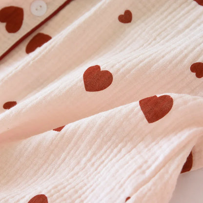 2025 New Spring and Autumn Women's Pajama Set 100% Cotton Crepe Long Sleeve Long Pants Two Piece Set Love Sweet Home Clothes