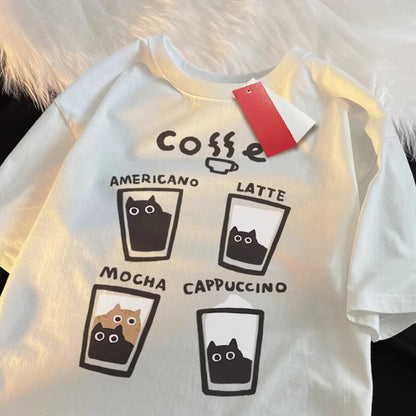 Summer Cream Coffee Cat Print Oversized Loose Short Sleeve Unisex T-shirt Women American Youth  Casual Street Couple Top