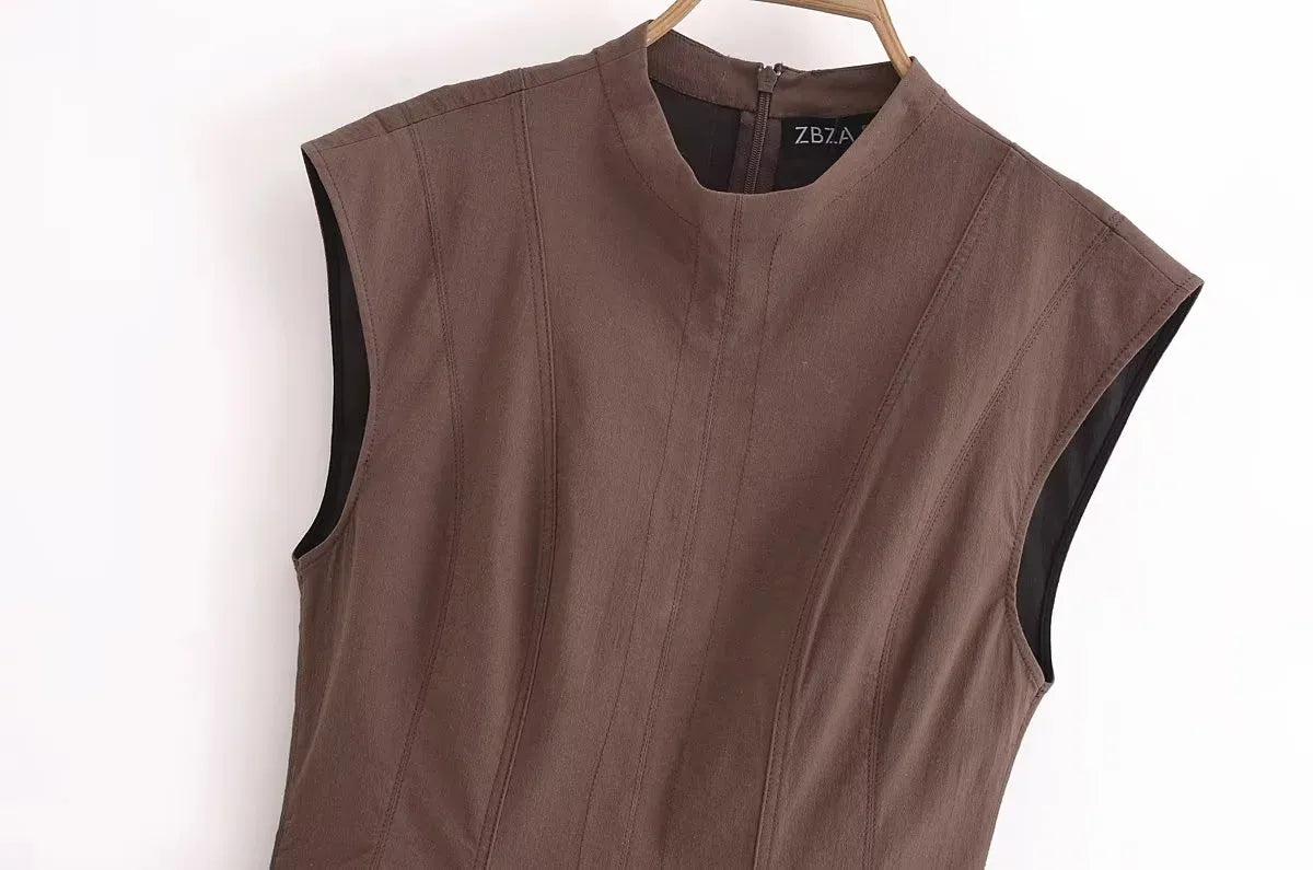 2025 Women Fashion Ruched Short Dress Sleeveless Stand Collar Fold Back Zip Mini Dress Chic Female Evening Party Dresses