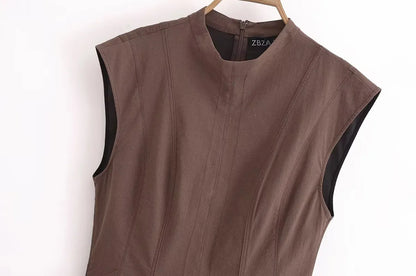 2025 Women Fashion Ruched Short Dress Sleeveless Stand Collar Fold Back Zip Mini Dress Chic Female Evening Party Dresses