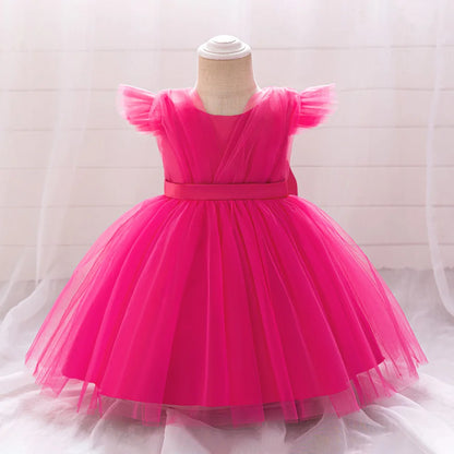 Toddler Bow White Baptism Party Baby Girl Dress Fly Sleeves 1st Birthday Wedding Princess Dresses Tutu Lace Evening Kids Clothes