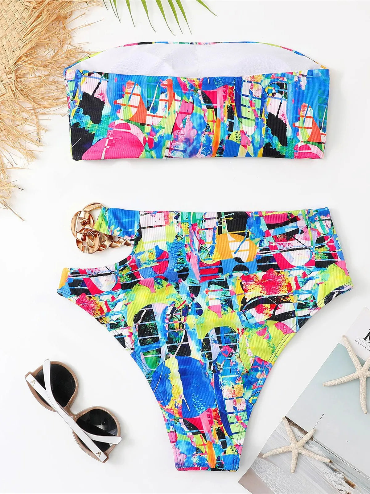 Bandeau Bikini 2024 Women Sexy White Black Cut Out Metal High Waist Swimsuit Female Off Shoulder Bathing Suit Swimwear Beachwear