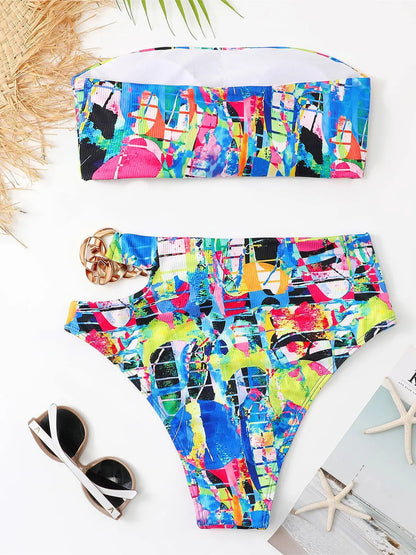 Bandeau Bikini 2024 Women Sexy White Black Cut Out Metal High Waist Swimsuit Female Off Shoulder Bathing Suit Swimwear Beachwear