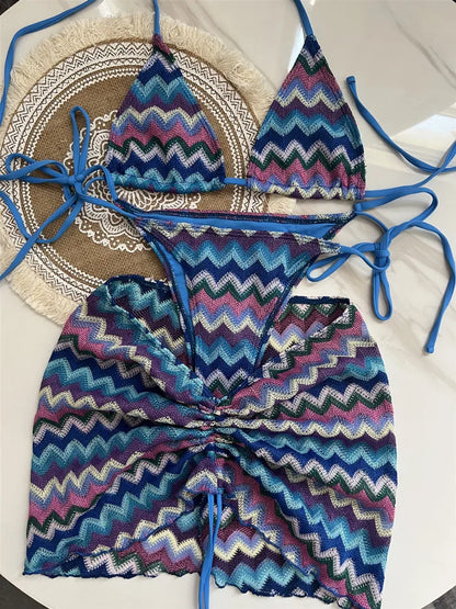Women Swimsuit Colored Maple Leaves Knitted Bikini Skirt Three-Piece Set Split Swimsuit Bikini