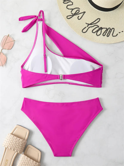 Bikini 2024 New Swimsuit Women Swimwear Solid Black One Shoulder Bikinis Set Bathing Suit Female Two Pieces Beach Wear Biquini