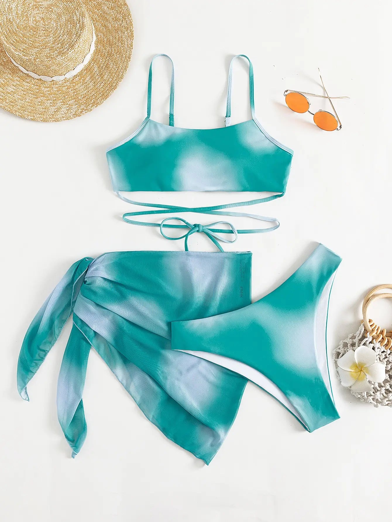 3 Pieces Ombre Lace Up Bikini Swimsuit & Beach Skirt Sexy Swimwear Women 2025 Bathing Swimming Swim Suit Female Summer Beachwear