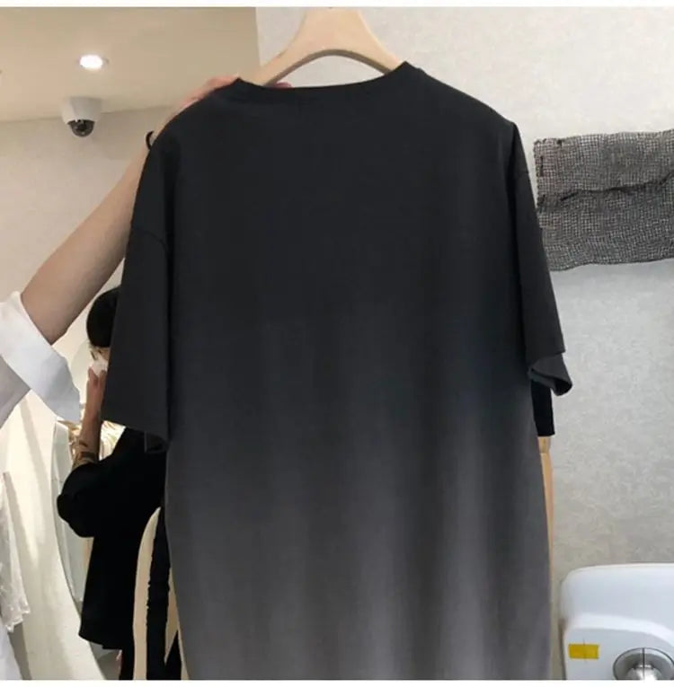 Street Casual Gradient Loose T Shirt Dress Summer New Short Sleeve O-Neck All-match Midi Dress Fashion Trend Women Clothing