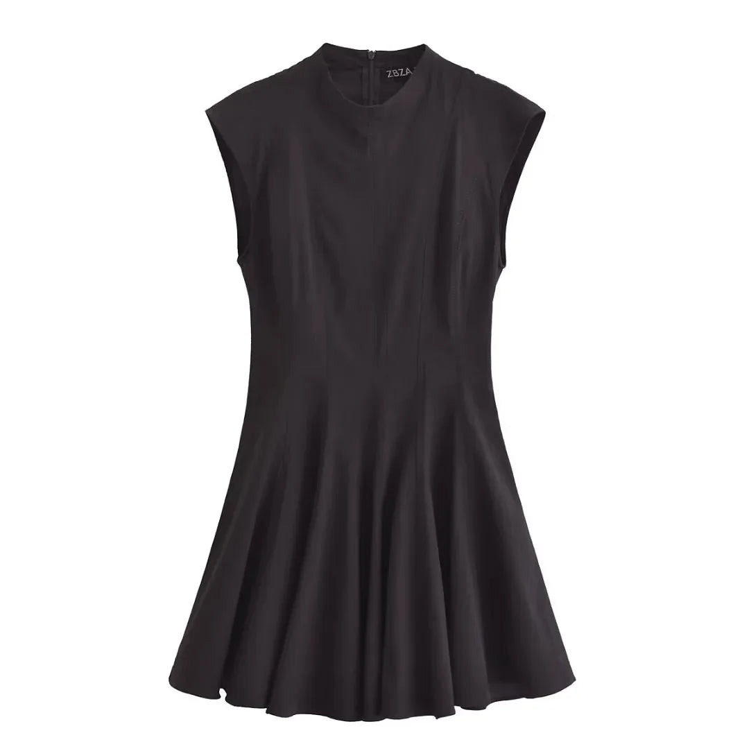 2025 Women Fashion Ruched Short Dress Sleeveless Stand Collar Fold Back Zip Mini Dress Chic Female Evening Party Dresses