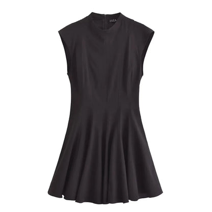 2025 Women Fashion Ruched Short Dress Sleeveless Stand Collar Fold Back Zip Mini Dress Chic Female Evening Party Dresses