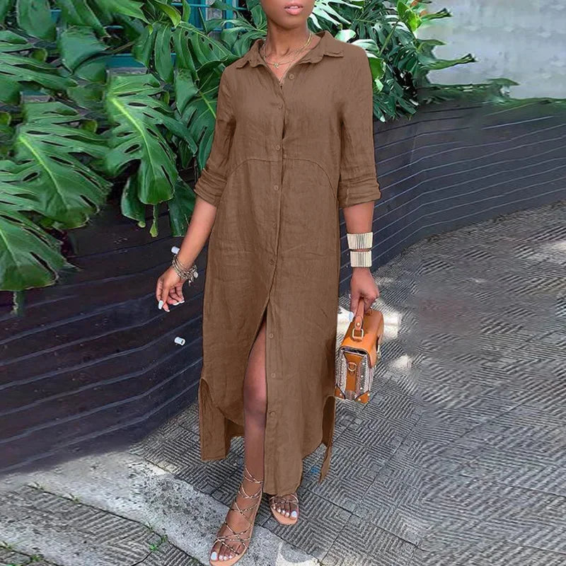 Women's 1XL-5XL plus size Dress  summer wearing the Shirt Collar Cotton Line Button Long Skirt  dress for women