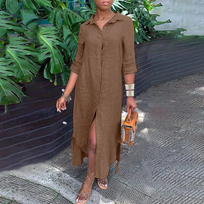 Women's 1XL-5XL plus size Dress  summer wearing the Shirt Collar Cotton Line Button Long Skirt  dress for women