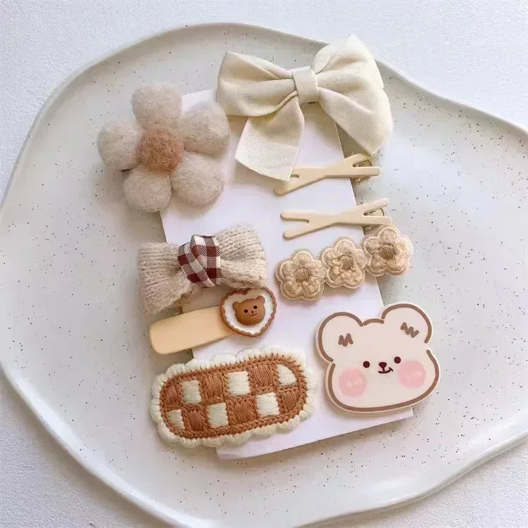 Autumn Winter 8Pcs Kids Hairclip Cartoon Bear Cute Bowknot Baby Princess Hair Accessories Newborn Cream Color Hairclips For Girl