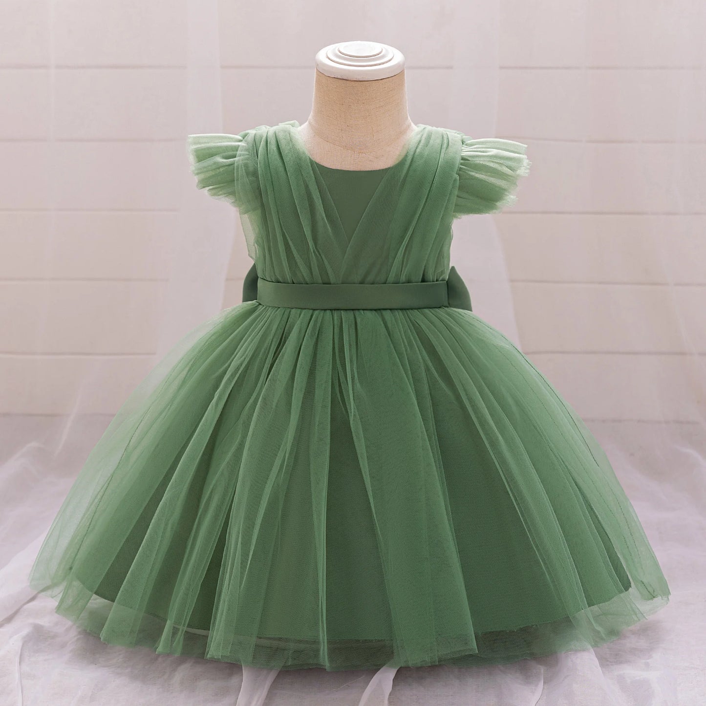 Toddler Bow White Baptism Party Baby Girl Dress Fly Sleeves 1st Birthday Wedding Princess Dresses Tutu Lace Evening Kids Clothes
