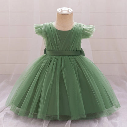 Toddler Bow White Baptism Party Baby Girl Dress Fly Sleeves 1st Birthday Wedding Princess Dresses Tutu Lace Evening Kids Clothes