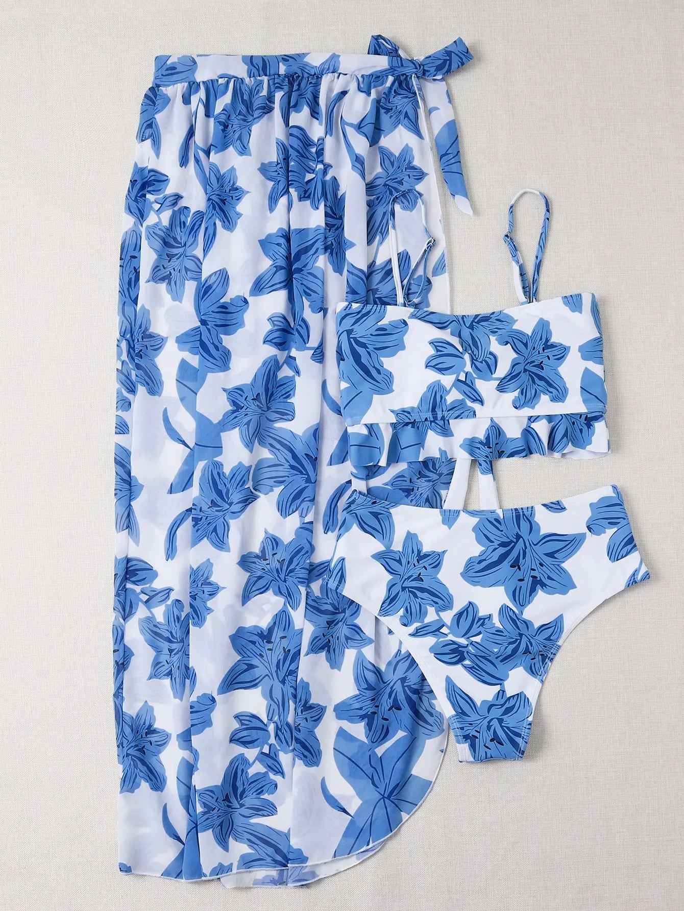 3 Pieces High Waist Swimsuit With Beach Skirt Floral Print Knot Front Bikinis 2025 Women Ruffle Swimwear Female Bathing Suit