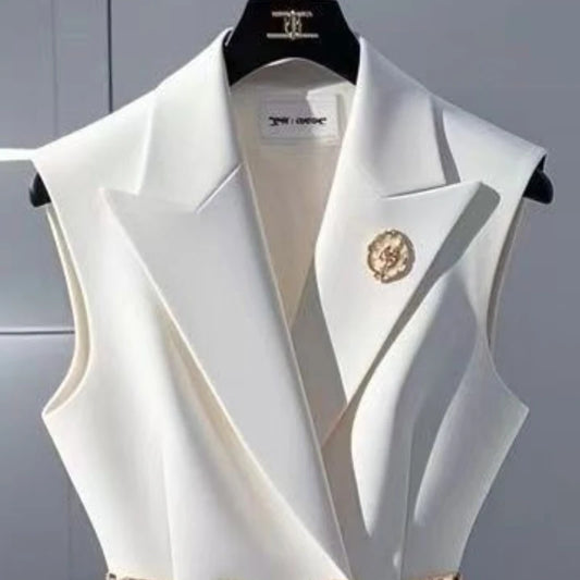 Small Fragrance White Suit Vest Coat Women Luxury Design Bright Light Decorate Slim Waist Double Breasted Waistcoats Spring 197H