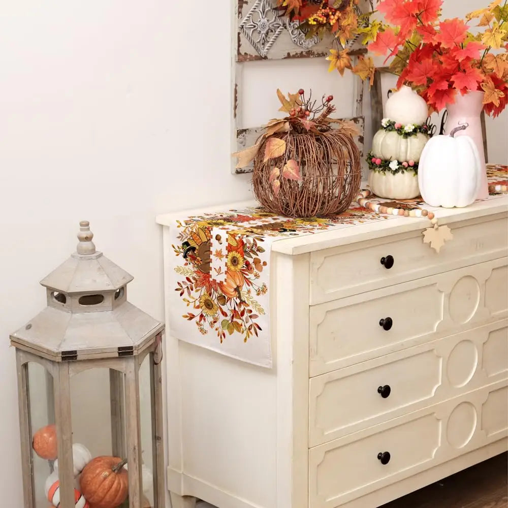 Thanksgiving Fall Turkey Pumpkin Floral Linen Table Runner for Autumn Kitchen Wedding Party Table Decor Thanksgiving Decorations