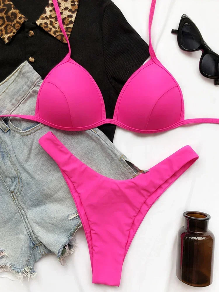 2025 Halter Bra Cup Bikini Sexy Swimsuit Female White Swimwear Women Push up Bikini set Brazilian Bathing Suit Bandeau Swim suit