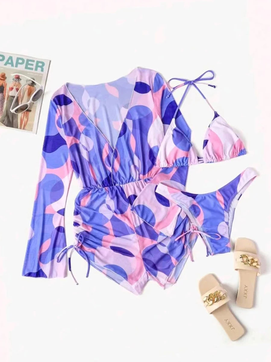 3 Pieces Triangle Halter String Bikini Long Sleeve Swimsuit Women Swimwear Female Bathers Bathing Swimming Swim Suit