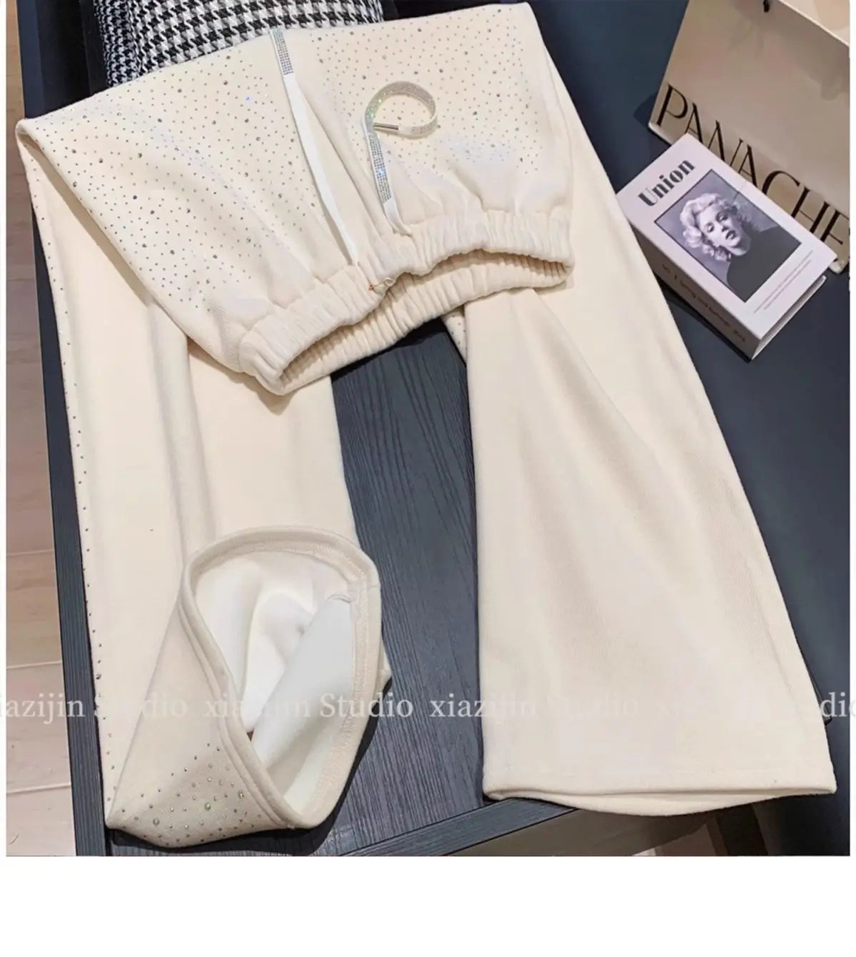 Autumn Winter Women White Rhinestone Velvet Wide Leg Pants Fashion Thickened Straight Loose Casual Trousers Streetwear Women