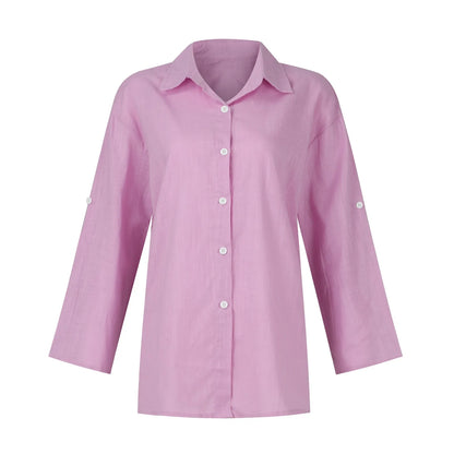 Summer Plus Size Cotton Linen Solid Color Seven-Point Sleeve Shirt V-Neck For Ladies Loose Casual Lightweight Camisas De Mujer