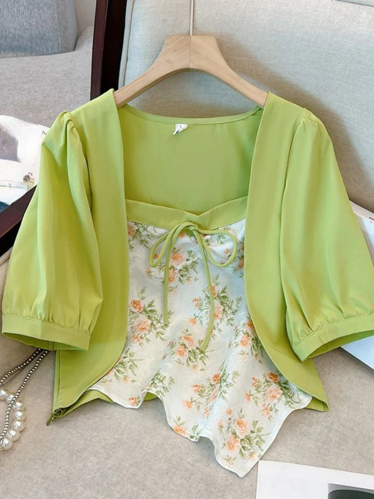 Summer Design Shirts for Women Fake Two Piece Plus Size Flower Print Irregular Lace Up Crop Top All Match Square Collar Clothing