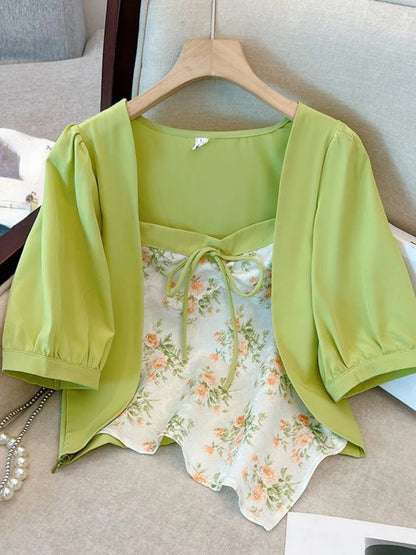 Summer Design Shirts for Women Fake Two Piece Plus Size Flower Print Irregular Lace Up Crop Top All Match Square Collar Clothing