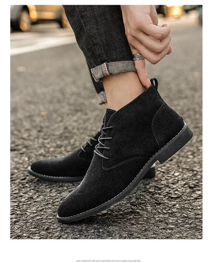 British Style Brown Men’s Suede Leather Boots Comfort Chelsea Boots Men Lace-Up Pointed Ankle Boots For Men botas para hombre