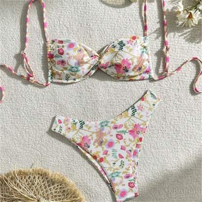 Vintage Floral Bikini Swimwear Y2K Sling Swimsuit String Backless Beach Outfits Bathing Suits Women Biquinis Femininos Sexys Set